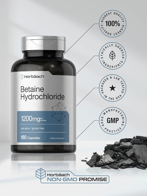 Horbaach Betaine HCl 1200mg | 180 Capsules | Non-GMO, Gluten Free Betaine Hydrochloride Supplement