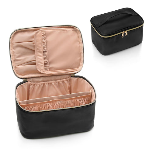 OCHEAL Makeup Bag, Portable Cosmetic Bag, Large Capacity Travel Makeup Case Organizer, Black Toiletry Bag for Girls
