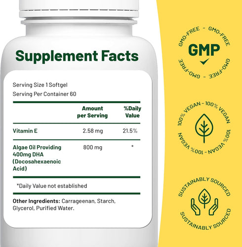 Vegan Vitality Vegan Omega 3 Supplement - 60 Plant Based Algae Omega 3 Oil Soft Gels Essential Fatty Acids with vegan DHA for Joint, Heart & Immune Support without EPA.
