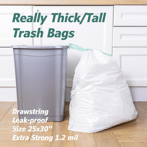 13 Gallon Tall Kitchen Drawstring Trash Bags, 1.2 Mil Extra Strong, 40 Count, Unscented, White, 25" x 30"