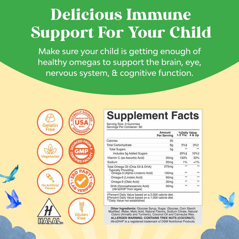 Plant Based Omega 3 Gummies for Kids - Delicious DHA Gummies for Vision, Immunity & Focus - Vegetarian, 60 Servings