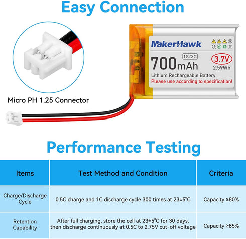 MakerHawk 3.7V 700mAh 603040 Ph1.25 (4 Lipo Battery Rechargeable Lithium Polymer Battery Micro Connector Integrated