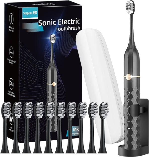 Seapeoa Sonic Electric Toothbrush Set, Equipped with 10 Brush Heads and Travel
