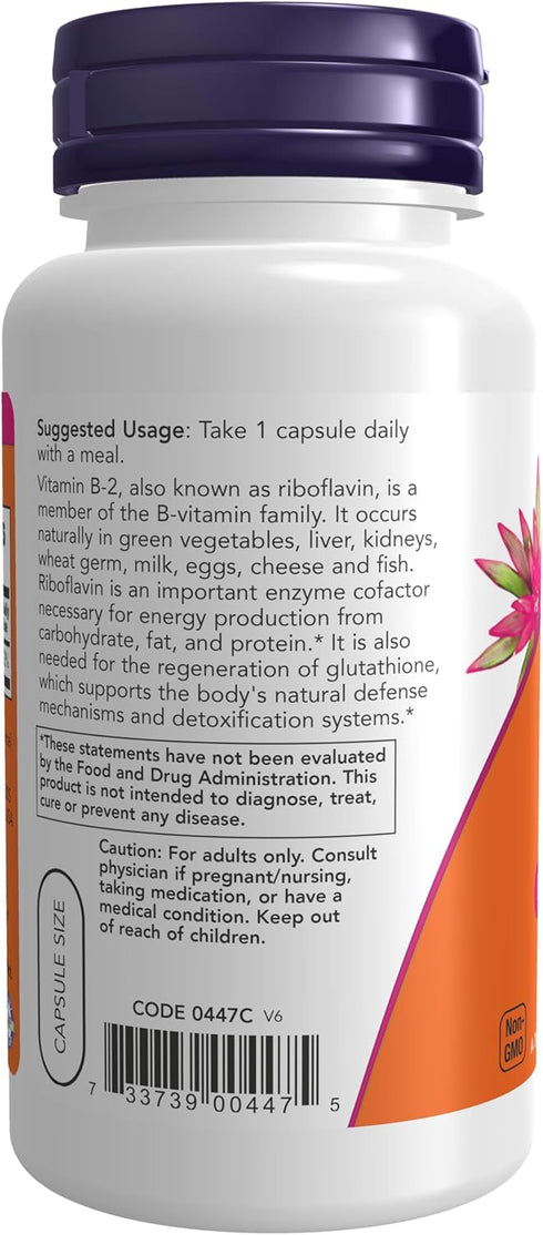NOW Supplements Vitamin B-2 (Riboflavin) 100 mg - 100 Veg Capsules for Energy Production*