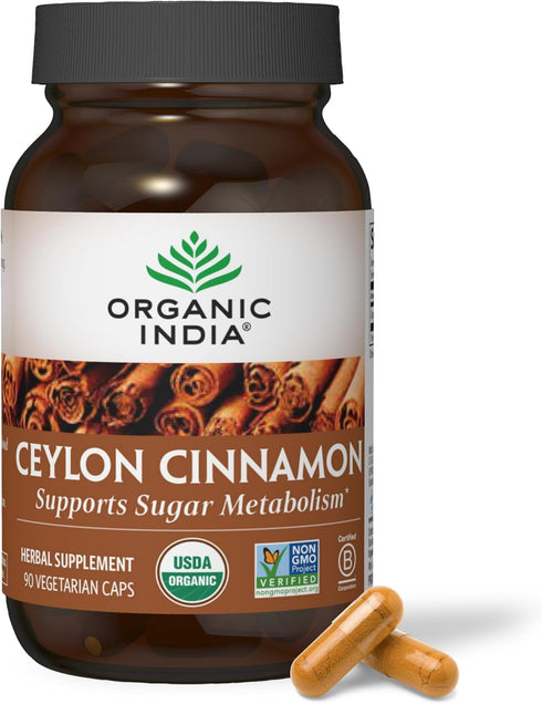ORGANIC INDIA Cinnamon Supplement, 90 Veg Caps - Nutritional Support for Blood Sugar Metabolism