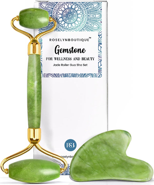 ROSELYNBOUTIQUE Gua Sha Facial Tools & Face Roller, Jade Roller Guasha Tool for Natural Skincare (Green)