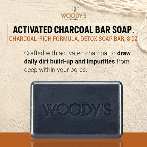 Woody's Activated Charcoal Bar Soap for Men, Detoxifying, Deep Cleansing, 8 oz, Suitable for All Skin Types