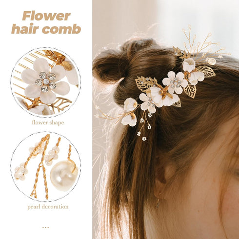 NUOBESTY 4Pcs Wedding Hair Clip Comb, Handmade Bridal Hair Clip, Pearl Floral Leaf Accessories for Women Wedding (White)