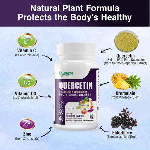 Quercetin with Bromelain, 500mg Capsules, Vitamin C & D3, Zinc, Elderberry for Lung Immune Support, 60 Capsules
