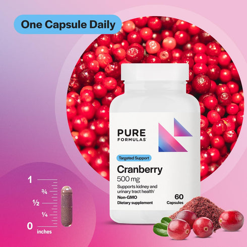 Cranberry 500 mg PureFormulas - 60 Capsules, Supports Kidney & Urinary Tract Health, Antioxidant Supplement