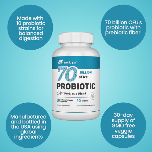 Probiotic Supplement 70 Billion CFU, 10 Strains, 30 Vegan Capsules