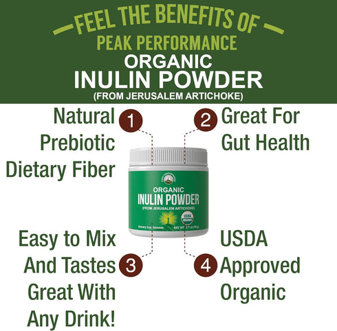 Organic Inulin Powder - Natural Prebiotic Fiber for Gut Health, USDA Organic Raw Plant Based Vegan Supplement