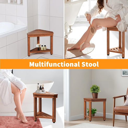 MISSEND 15 Shower Foot Rest in, Acacia Shower Stool for Shaving Legs,Corner Bath Shower Bench with Starage Shelf