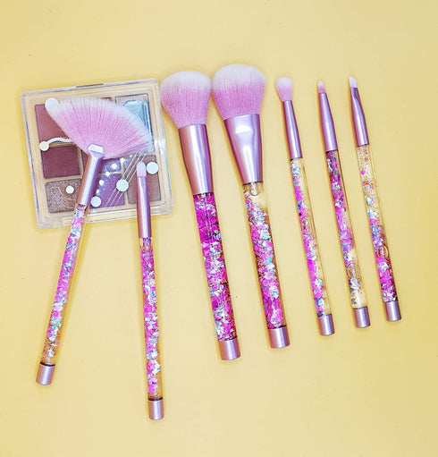 Unicorn Glitter Makeup Brush Set, Sparkle Fan Liquid 7pc Foundation Brush with Lip Eye Nose Shadow Eyebrow Blush Loose Powder Fan Eye Brush in Set for Teen Girls Women Chirldren Kids Gift Present