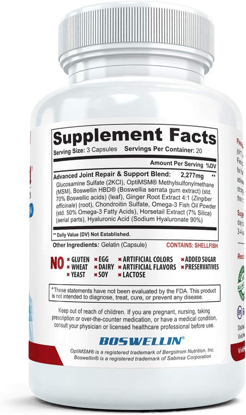 Joint Health & Support Supplement with Glucosamine, Chondroitin, Hyaluronic Acid & MSM, 60 Capsules
