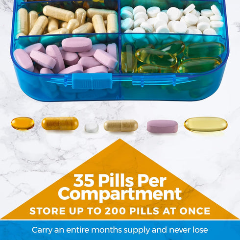 Pill Organizer Case - Portable 6 Compartment Daily Travel Medicine Reminder Box, 2 Pack, Blue