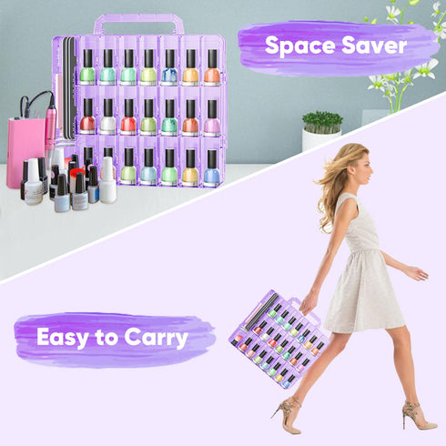 JIASHENG Nail Polish Organizer Case Holders - 48 Bottles Universal Storage Box with Adjustable Space Divider, Purple
