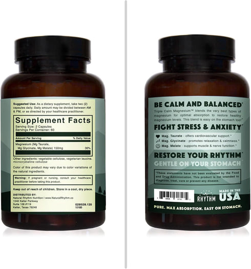 Natural Rhythm Triple Calm Magnesium 150 mg, 120 Capsules, Magnesium Complex for Rest and Relaxation