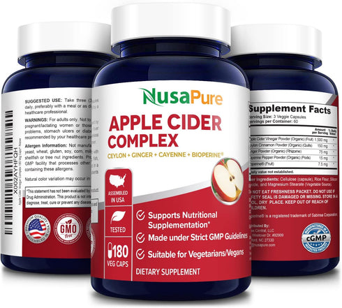 NusaPure Apple Cider Vinegar Complex 1500 mg, 180 Veg Caps, Suitable for Vegetarians and Vegans