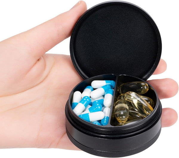 2 Compartment Metal Pill Box, Waterproof Aluminium Travel Case for Daily Medication, Vitamins, Portable Organizer