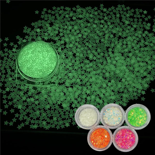 PrettyG 5 Boxes Set Luminous Star Nail Art Glitter, Glow in The Dark 3D Holographic Sparky Star Shape Stickers for DIY