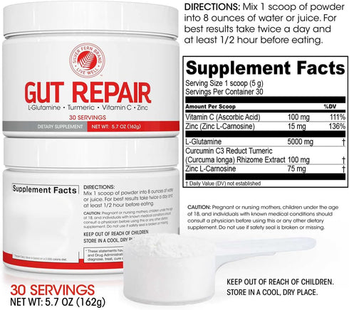 Silver Fern Gut Repair - Digestive Health Supplement Powder, 2 Tubs, L-Glutamine, Curcumin, Zinc & Ascorbic Acid