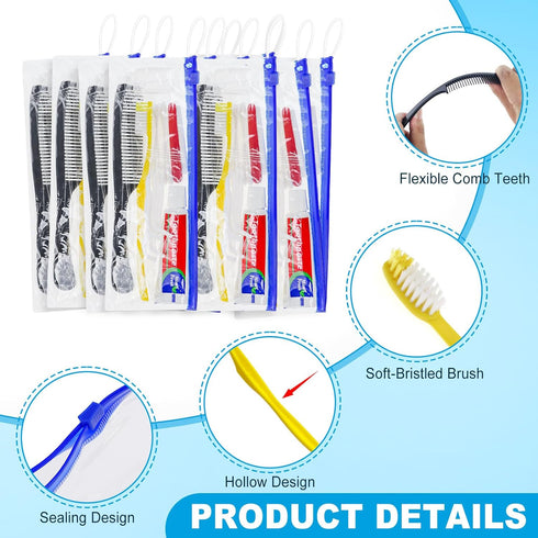 Pack 30,Yellow Set Personal Hygiene Kit Bulk of Disposable Toothbrushes with Toothpaste Floss Comb Cover and Hotel