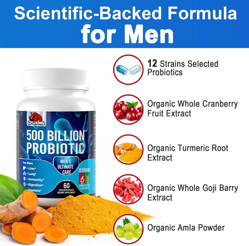 Probiotics for Men, 500 Billion CFU + 12 Strains with Turmeric, Cranberry & Goji, Ultimate Care, 60 Capsules for