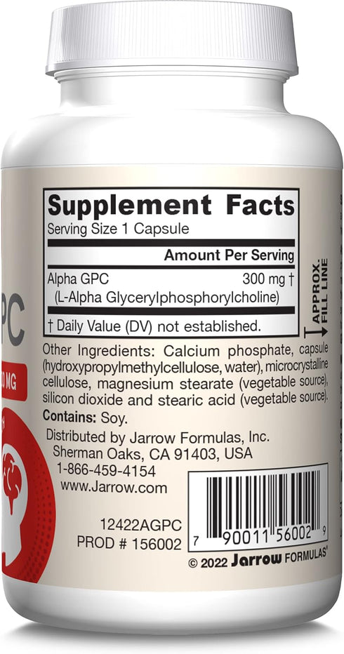 Jarrow Formulas Alpha GPC, 300mg, Dietary Supplement, Brain Health Supplements for Adults, 60 Veggie Capsules