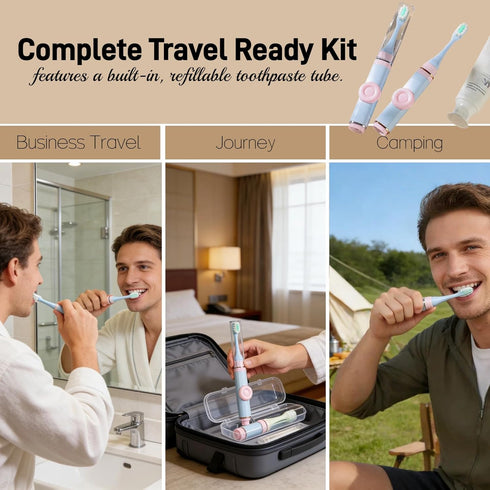 VONMAOGU 2 Pack Set Foldable Travel Toothbrush with Refillable Toothpaste Tube, Portable Folding Toothbrush Built