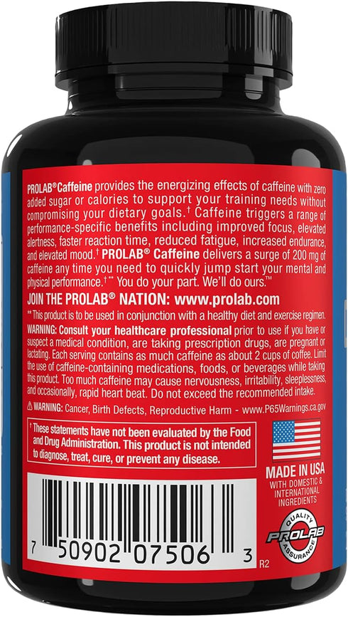 ProLab Caffeine Tablets 200mg - 200ct Energy Support for Endurance, Mental Focus, and Pre-Workout