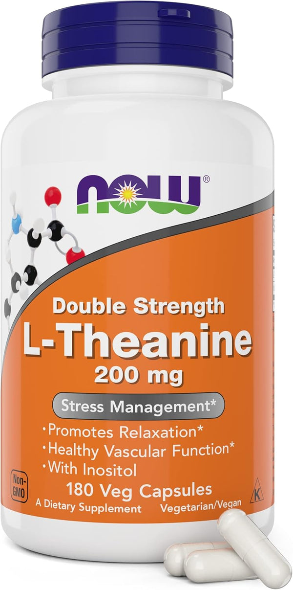 Now Foods L-Theanine, 200 mg, 180 Veg Capsules, Enhanced with 100mg Inositol, Non-GMO Supplement
