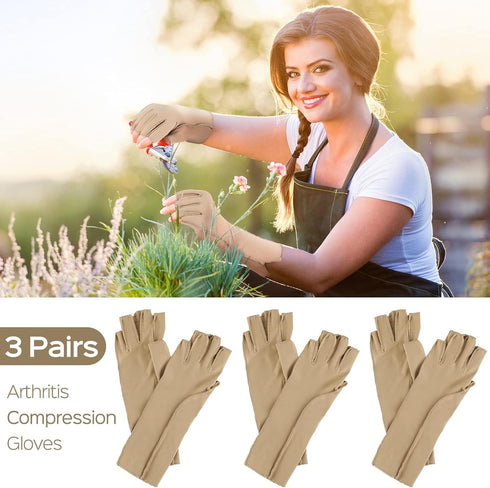 Janmercy 3 Pairs Fingerless Compression Gloves for Women Men, Outside Seams, Carpal Tunnel (Nude, Normal)