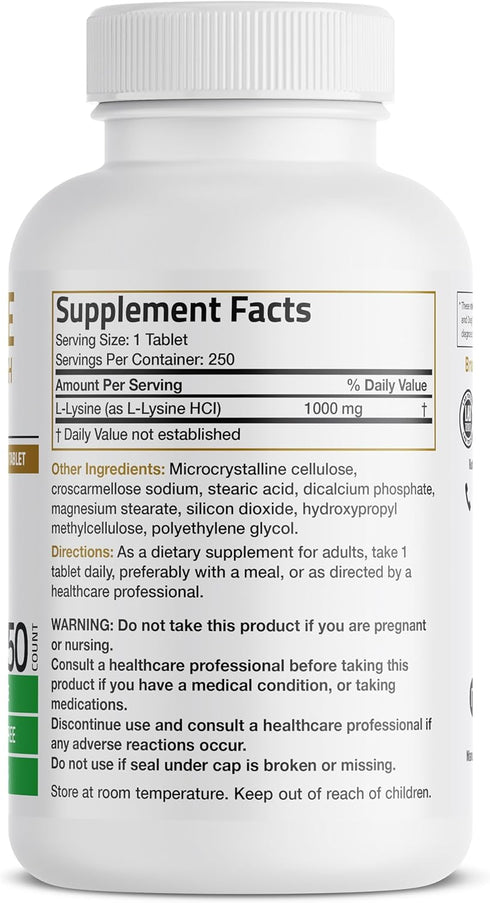 Bronson L-Lysine Extra Strength 1000 MG per Tablet, High Potency Immune Support, 250 Vegetarian Tablets