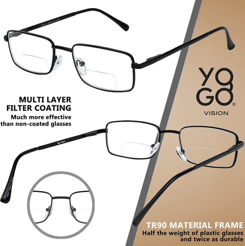 Yogo Vision Bifocal Reading Glasses, 2 Pack Metal Full Rim Readers, Rectangle Glasses for Men and Women
