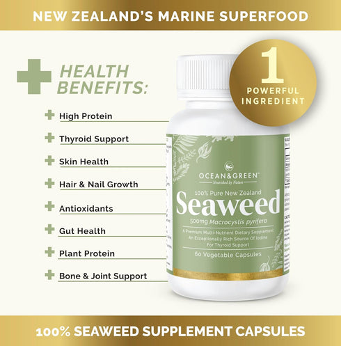 Seaweed Kelp Supplements New Zealand | Premium - 100% Pure Organic & Natural - Multi-Nutrient & Thyroid Support Supplement - Natural Source of Iodine | 60 Vegetarian Capsules