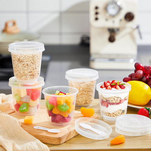 Jingmore 80 Pack 9.5oz Clear Plastic Yogurt Parfait Cups Disposable Overnight Oats Containers with Lids and Spoons Cake
