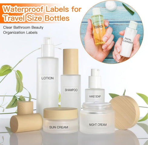 Toiletry Labels for Travel Size Bottles, 120 PCS Waterproof Clear Bathroom Labels for Shampoo, Conditioner, Lotion
