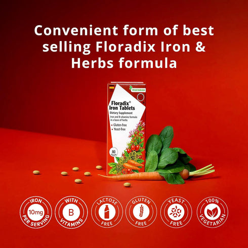 Floradix Iron Tablets - Energy Support Supplement for Men & Women - Natural Iron with B Vitamins & Vitamin C, 120
