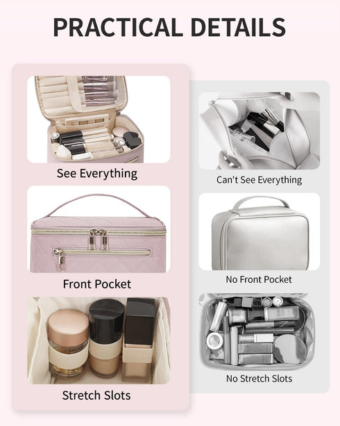 Makeup Bag, Travel Make Up Organizer, Cosmetic Brush Bags Case for Women in Quilted Fabric, Pink (Patent Pending)
