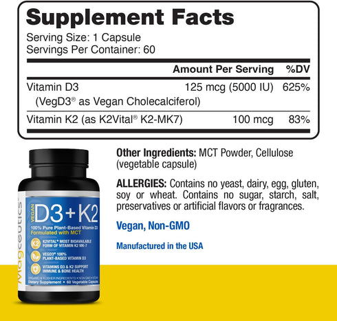 Vitamin D3 K2 with MCT, 5000 IU Vegan D3 & 100 mcg MK7 K2, 60 Capsules - Support for Strong Bones and Immune Health