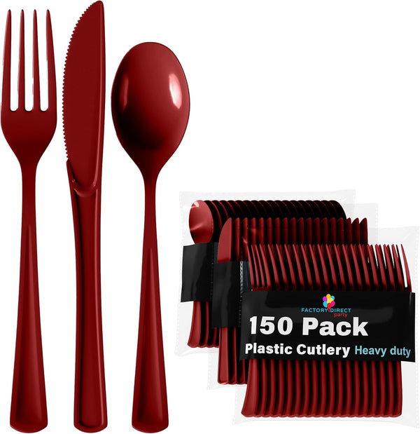 150 Pack Burgundy Plastic Cutlery Set, Heavy Duty Disposable Silverware, 50 Forks, 50 Spoons, 50 Knives for Party