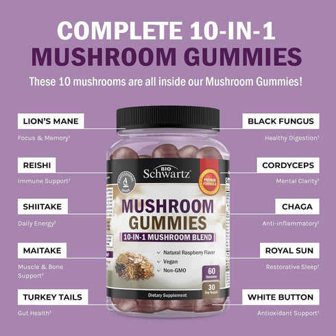 Mushroom Gummies for Adults - 10-in-1 Functional Mushroom Supplement for Mood and Focus with Lions Mane Turkey Tail Cordyceps Shiitake Reishi Mushrooms - Vegan, Non-GMO, Raspberry Flavor, 60 Count