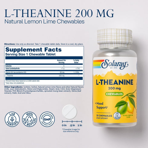 SOLARAY L Theanine 200mg - Mood Support Supplement with Vitamin B6, Calming Support, 30 Servings