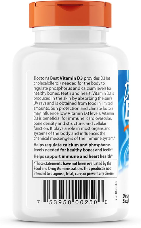 Doctor's Best Vitamin D3, 5,000 IU, 360 Count, Non-GMO, Gluten-Free, for Healthy Bones, Teeth, Heart & Immune Support