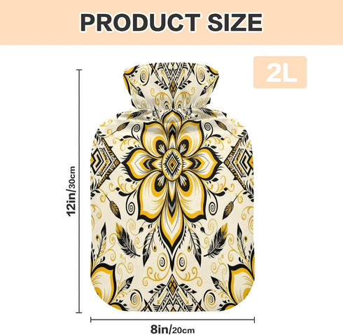 miaozhen 2L Tummy Paisley Flower Dark Black Yellow Gold Water Bottle for hot Water with Soft Cover Warmer Bag