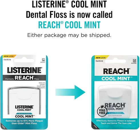 REACH Listerine Cool Mint Dental Floss 6-Pack, Plaque Remover, Shred Resistant, Waxed, Easy on Gums & Teeth, Fresh Mint, PFAS-Free, Fresh Breath, for Adults & Kids, 55yd
