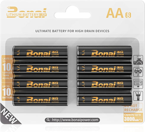 BONAI Lithium AA Batteries 1.5V 3000mAh - 8 Pack Longest Lasting for High Drain Devices