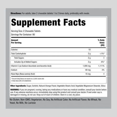 Piping Rock Vitamin C Chewable 1000mg | 180 Tablets | Orange Flavor | Vegetarian, Non-GMO, Gluten Free Supplement