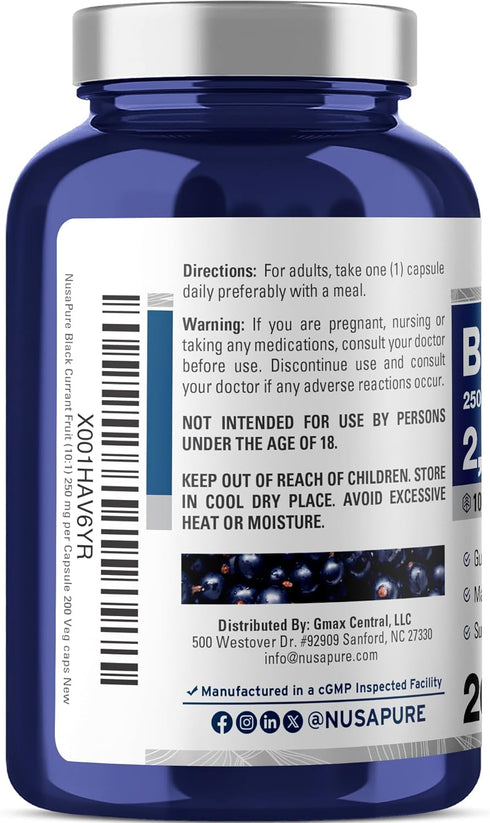 NusaPure Black Currant 10:1 Extract, 250 mg Equivalent to 2,500mg, 200 Vegan Non-GMO Caps
